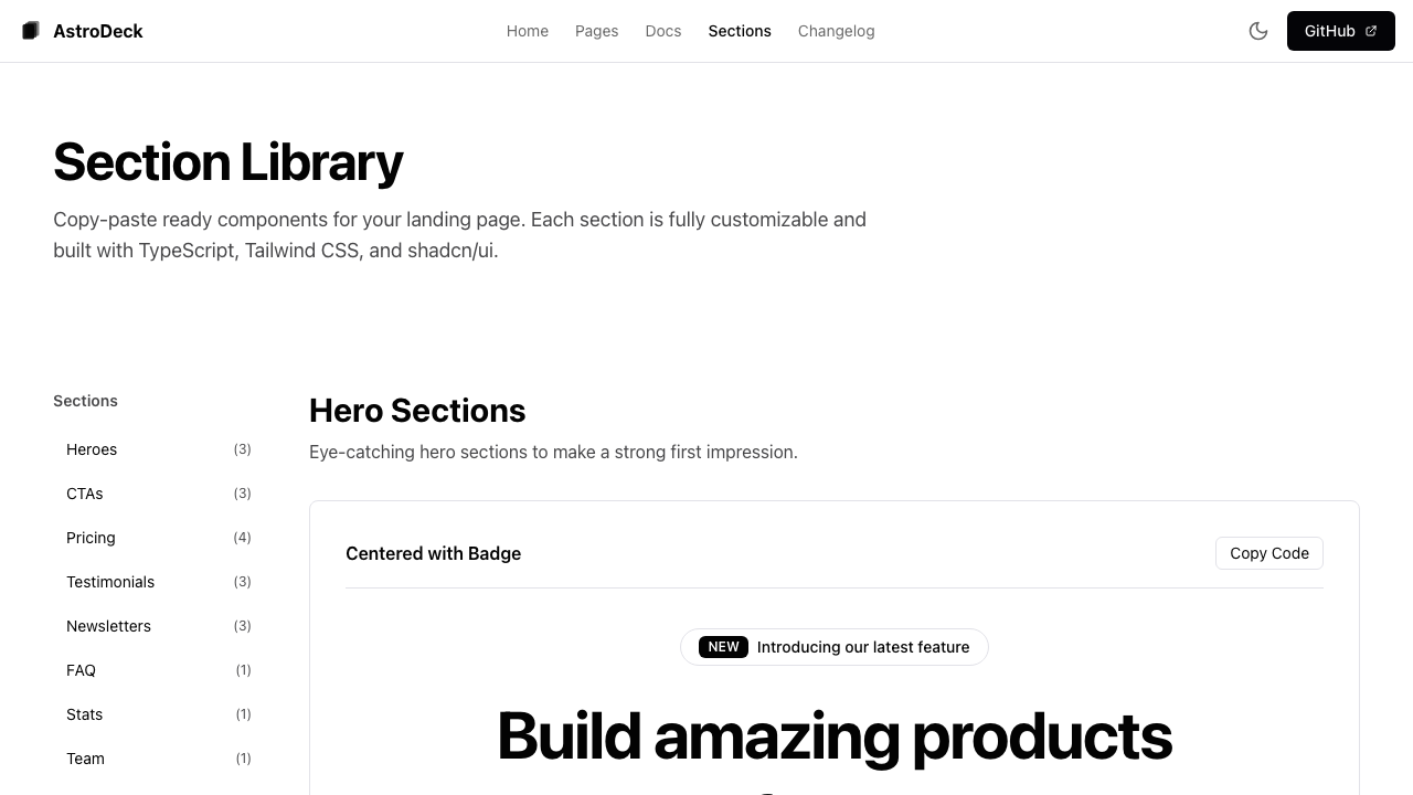 Sections Showcase page preview